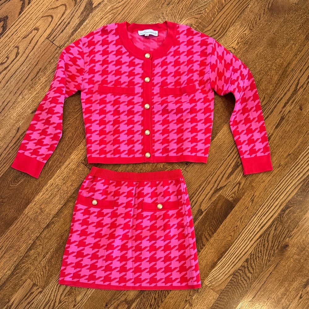 Central Park West Red and Pink Houndstooth Cardigan and Skirt Set Size Medium